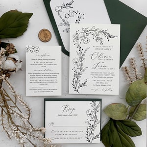 Hand Drawn Greenery Wedding Invitation Suite, Botanical Wedding Invitations, Vellum Wedding Invitation Set, Drawn Foliage Printed Invites 画像 7