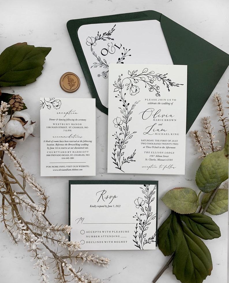 Hand Drawn Greenery Wedding Invitation Suite, Botanical Wedding Invitations, Vellum Wedding Invitation Set, Drawn Foliage Printed Invites image 7