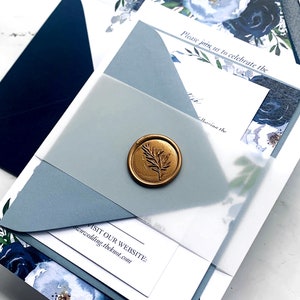 Dusty Blue Vellum Belly Band and Wax Seal Embellishment, Navy Blue Wedding Suite, Add on for our Charlotte Collection Wedding Invitations