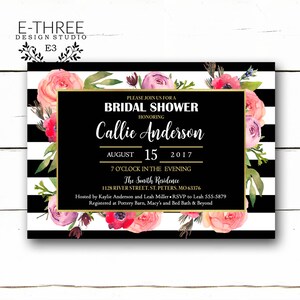 Bridal Shower Invitation - Modern Black and White Stripes and Floral Shower Invite - Gold Foil Wedding Shower Invitations