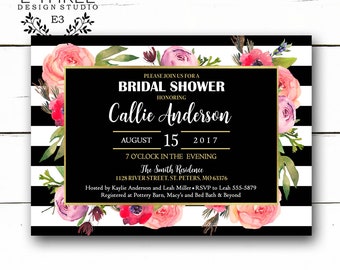 Bridal Shower Invitation - Modern Black and White Stripes and Floral Shower Invite - Gold Foil Wedding Shower Invitations