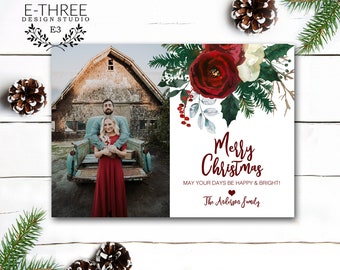 Red Floral Christmas Photo Card, Greenery Flowers Holiday Photo Card, Watercolor Flowers Elegant Christmas Picture Card, Digital or Printed
