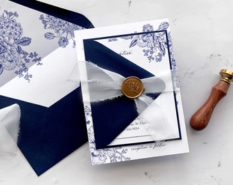 Nastro in chiffon bianco e abbellimento sigillo di cera, nastro per inviti di nozze, suite per inviti di nozze blu navy, collezione Isabelle