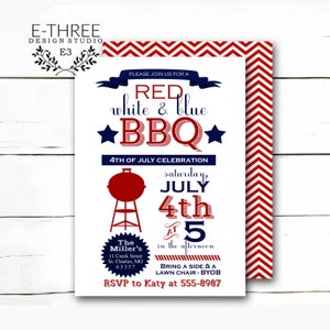 May include: A red, white and blue 4th of July BBQ invitation with a red, white and blue chevron pattern border. The invitation features a grill, stars, and the text "Red, white & blue BBQ" and "4th of July Celebration".