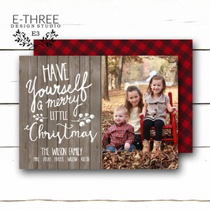 Tarjetas de Navidad rústicas - tarjeta de Navidad de la foto - madera y plaid tipografía familia tarjeta de fotos de vacaciones