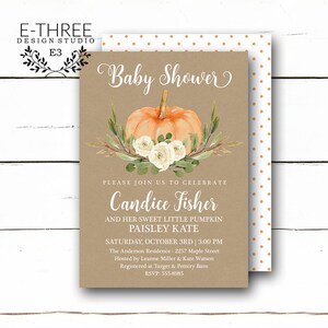 Rustic Fall Pumpkin Baby Shower Invitation with Autumn Flowers and Greenery on kraft paper