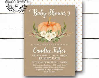 May include: A rustic brown baby shower invitation with a watercolour illustration of a pumpkin and white flowers. The text reads "Baby Shower", "Please join us to celebrate Candice Fisher and her sweet little pumpkin Paisley Kate", "Saturday, October 3rd | 3:00 PM", "The Anderson Residence - 2257 Maple Street", "Hosted by Leanne Miller & Kate Watson", "Registered at Target & Pottery Barn", "RSVP: 555-8985".