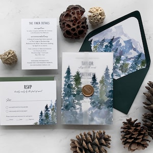 Mountain Wedding Invitation Suite, Forest Wedding Invitations with vellum and wax seal - Outdoor Rustic Wedding - Greenery Wedding, Taylor