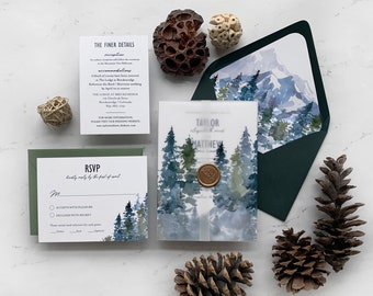 Suite de invitación de boda de montaña, invitaciones de boda en el bosque con vitela y sello de cera - Boda rústica al aire libre - Boda Greenery, Taylor