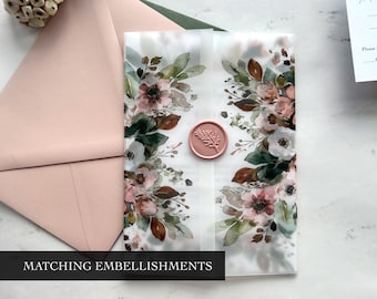 Buste in pergamena con motivi floreali rosa cipria e verdi e sigilli in ceralacca per inviti di nozze - Decorazioni per la nostra collezione Sadie