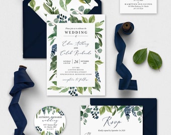Suite invito di nozze Watercolor Greenery, invito di nozze blu navy, foglie di piante verdi, etichette rsvp dettagli per carte, collezione Eden