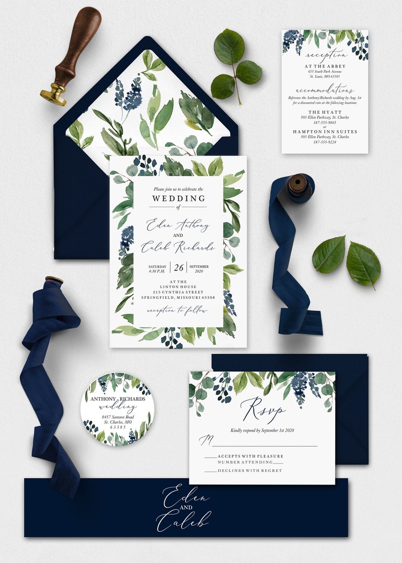 Watercolor Greenery Wedding Invitation Suite Navy Blue image 1