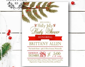 Christmas Baby Shower Invitation - Winter Shower - Holly Jolly - Trees and Berries