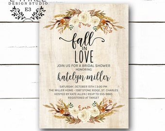 Rustic Fall Bridal Shower Invitation - White Wood - Wedding Shower - Fall Foliage and Flowers