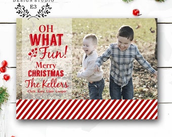 Oh What Fun Christmas Card - Photo Holiday Cards - Red and White Candy Cane Stripes - Family