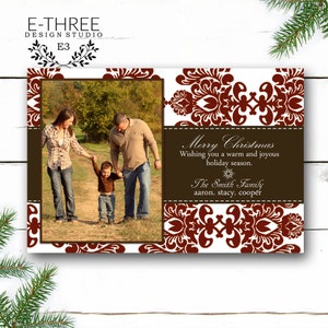 Elegante rote und braune Damast Weihnachtskarte - Familie Foto Urlaub Weihnachtskarten - Damast Weihnachtskarte