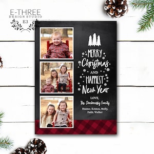 Tarjeta de Navidad de Pizarra, Tarjeta de Navidad a cuadros de Búfalo Rojo, Tarjeta de Navidad Rústica, Tarjeta de Navidad de Tres Fotos, Impresa o Digital