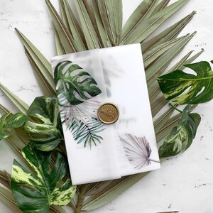 Tropical Palm Leaf Vellum Wrap and Wax Seals, Monstera Leaf Vellum Jacket add on for Isla Collection Wedding Invitation Suite