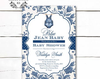 Blue Jean Baby Shower Invitation | Watercolor Denim Overalls Baby Shower Invite | Printable Invites
