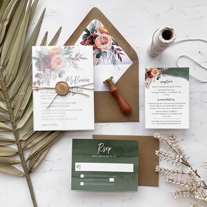 Boho Wedding Invitation Suite with Vellum Wax Seal, Watercolor Flowers Wedding Invitation, Printed Invitations, McKenna Collection
