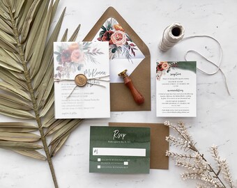 Puede incluir: Conjunto de invitaciones de boda con un diseño floral verde y blanco. La invitación presenta una ilustración floral de acuarela con un sello de cera. La tarjeta RSVP tiene un fondo verde con una fuente manuscrita.
