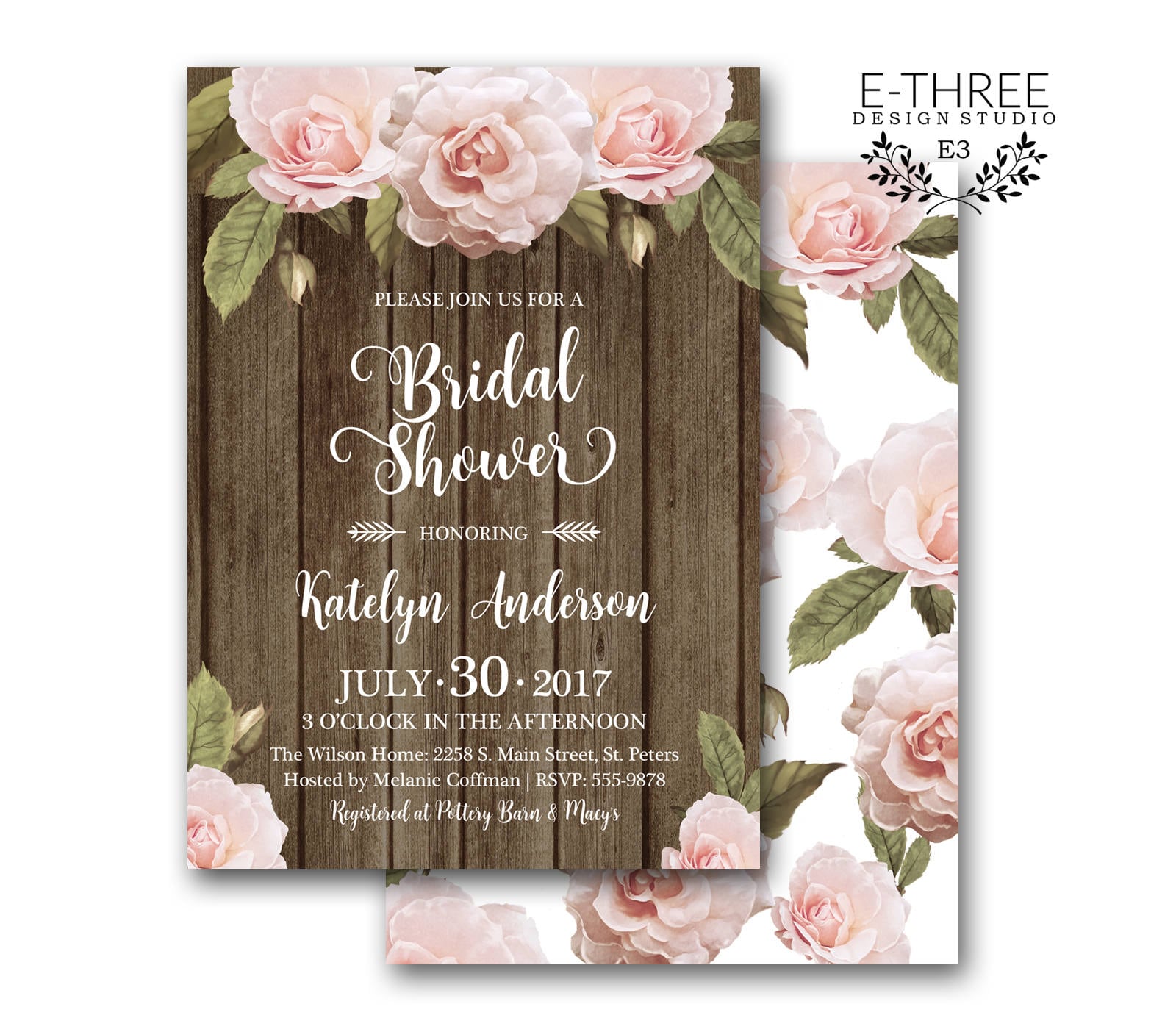 Rustic Bridal Shower Invitation - Barn Wood and Floral Bridal Shower Invite  - Blush Pink Roses - Wedding Shower - Etsy, image size:1600x1400