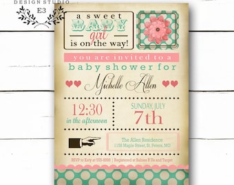 Vintage Shabby Chic Baby Girl Shower Invitation, Pink Turquoise Vintage Baby Girl Shower Invite #1042