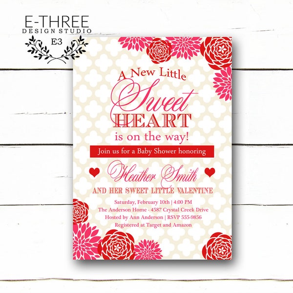 Valentine's Baby Shower Invitation - Red and Pink Rose Floral Shower - Sweet Heart