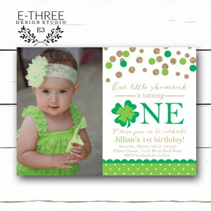 St. Patrick&#39;s Day Birthday Party Invitations - Green and Gold Shamrock Birthday Invite - Girl&#39;s 1st Birthday Party Invite