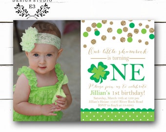St. Patrick's Day Birthday Party Invitations - Green and Gold Shamrock Birthday Invite - Girl's 1st Birthday Party Invite