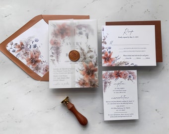 Terracotta Wedding Invitation Suite, Fall Floral Pampas Grass Invitation, Invito a nozze Boho Rust con cera e pergamena, Collezione Avery