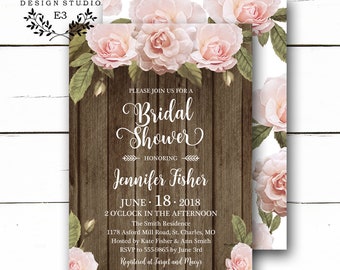 Rustic Bridal Shower Invitation - Barn wood and Floral Bridal Shower Invite - Blush Pink Roses - Wedding Shower