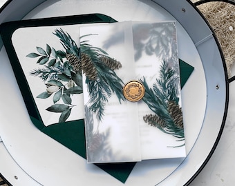 Winter Greenery Vellum Giacche e sigillo di cera abbellimento invito a nozze, involucri di pergamena pigna, sigilli di cera d'oro per la nostra collezione Ember