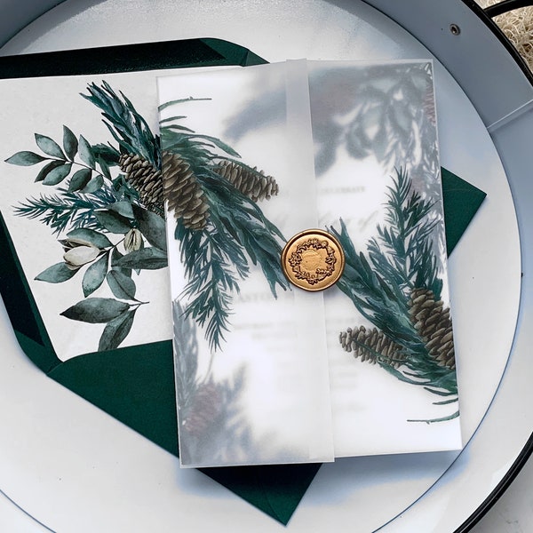 Winter Greenery Vellum Jackets and Wax Seal Wedding Invitation Embellishment, Pinecone Vellum Wraps, Gold Wax Seals for our Ember Collection