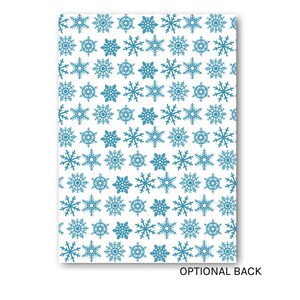 May include: A white background with a repeating pattern of blue snowflakes.