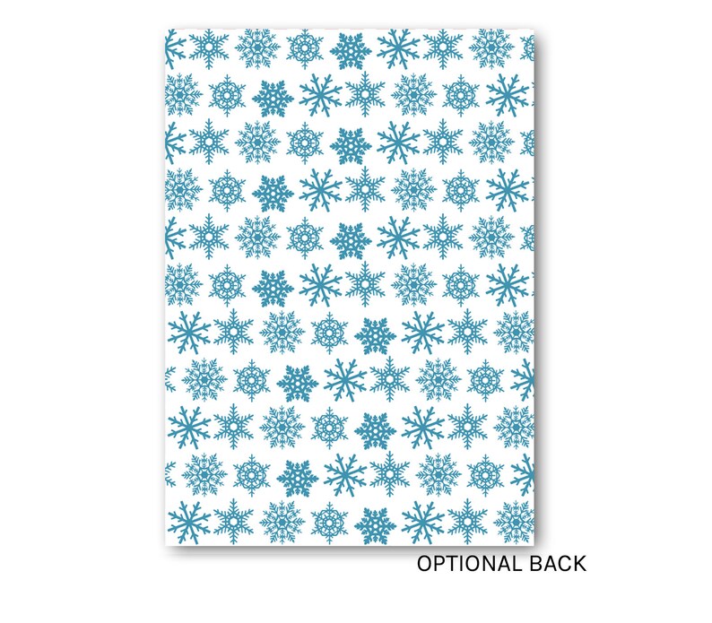 May include: A white background with a repeating pattern of blue snowflakes.