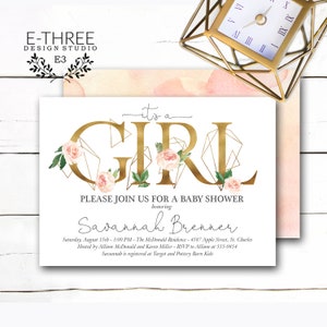 Blush Roze en Gouds Modern Geometrisch Meisje Baby Shower Uitnodiging, Roze Aquarel Flower Baby Girl Shower nodigt