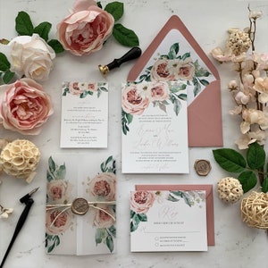 Dusty Pink Floral Wedding Invitation Suite, Watercolor Flowers Wedding Invitations with Vellum and Wax Seal, Emma Collection