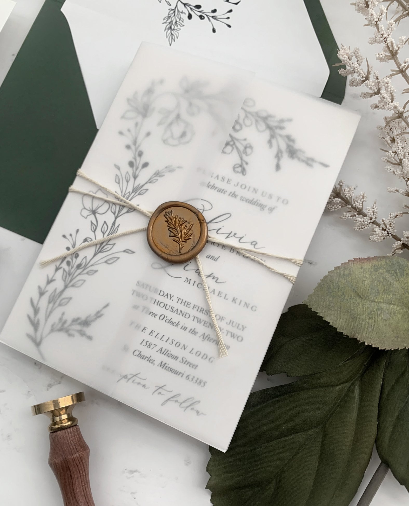 Greenery Floral Wedding Invitation Vellum Wrap With Gold Wax