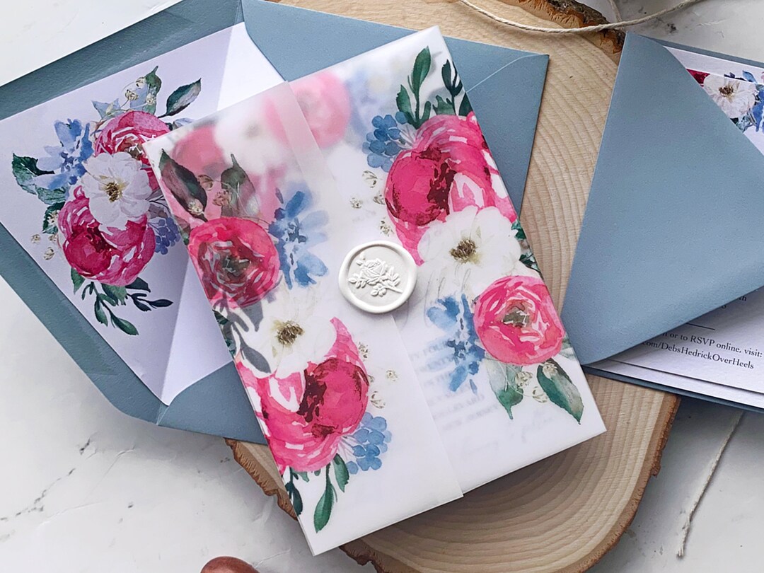 Watercolor Floral Vellum Jacket and Wax Seal, Pink and Dusty Blue