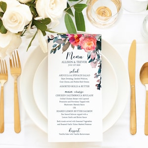 Tarjetas de menú de ambientación del lugar de la boda, Menús de boda de color rosa tropical, Rosa brillante Azul marino Tropical Día de los menús, Colección Allison