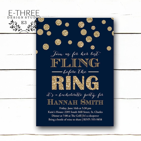 Navy and Gold Bachelorette Party Invitation - Last Fling Before the Ring Party Invitations - Modern Gold Glitter - Bridesmaid #1068