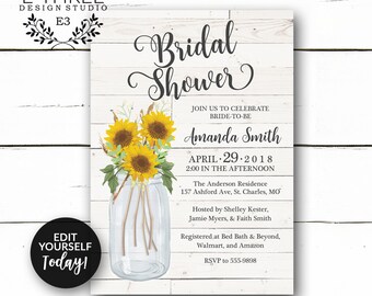 May include: A white woodgrain background with a sunflower bridal shower invitation. The invitation features a mason jar with sunflowers and the text "Bridal Shower", "Amanda Smith", "April 29, 2018", "2:00 in the afternoon", "The Anderson Residence", "157 Ashford Ave, St. Charles, MO", "Hosted by Shelley Kester, Jamie Myers, & Faith Smith", "Registered at Bed Bath & Beyond, Walmart, and Amazon", and "RSVP to 555-9898".