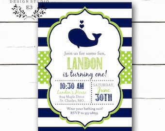 Whale Birthday Party Invitation - Boy's 1st Birthday Invitations - Preppy Nautical - Navy Blue, Lime Green, Gray Invite - Swimming