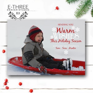 Warme wensen kerst fotokaart-vakantie fotokaart met sneeuwvlokken-rood en wit