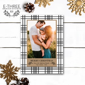 Rustikale schwarze Pin-Stripe-karierte Weihnachtskarte, rustikale Weihnachtskarte, Foto-Weihnachtskarte, schwarz karierte Feiertags-Fotokarte