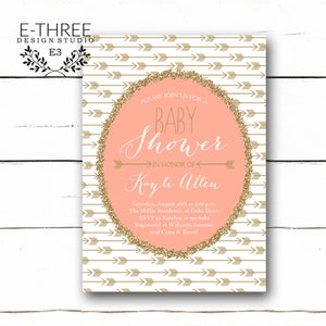 Tribal Baby Shower Invitations - Coral and Gold Girl Shower Invitation - Aztec Shower Invite - Arrows and Glitter #1032