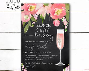 Brunch and Bubbly Bridal Shower Invitation  - Pink Floral Champagne Wedding Shower Invite