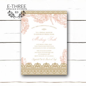 Blush y oro novia ducha invitación - encaje y floral boda romántica ducha invitar