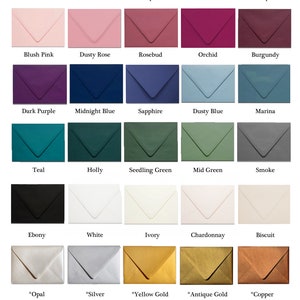 May include: Color chart showing 20 different envelope colors for weddings. The colors are arranged in rows and columns, with each color labeled with its name. The chart also includes a note that indicates metallic colors and that additional colors may be available.